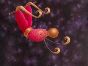 Artwork with a suspended trapeze figure in magenta and ochre against a dark purple star-speckled background.