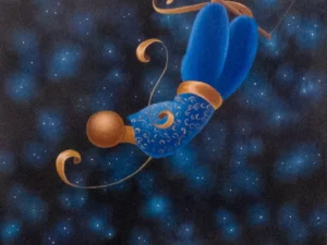 Digital image with a suspended blue figure and curled ochre forms in a dark navy and black starry field.