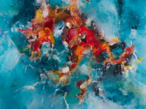 Painting with an abstract central cluster in turquoise