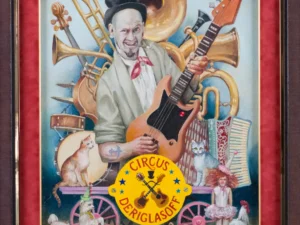 Oil painting with a central male musician holding an electric guitar