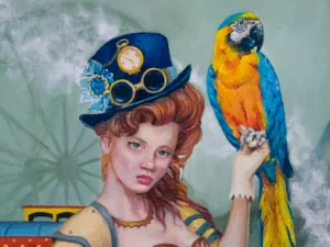 holding a blue-and-yellow parrot