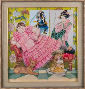 Oil painting with a reclining girl in a pink ruffled dress on a red bench