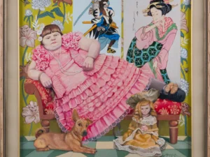 Oil painting with a reclining girl in a pink ruffled dress on a red bench