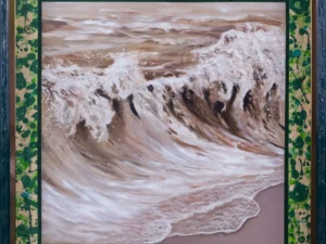 Acrylic painting with foaming ocean waves in white
