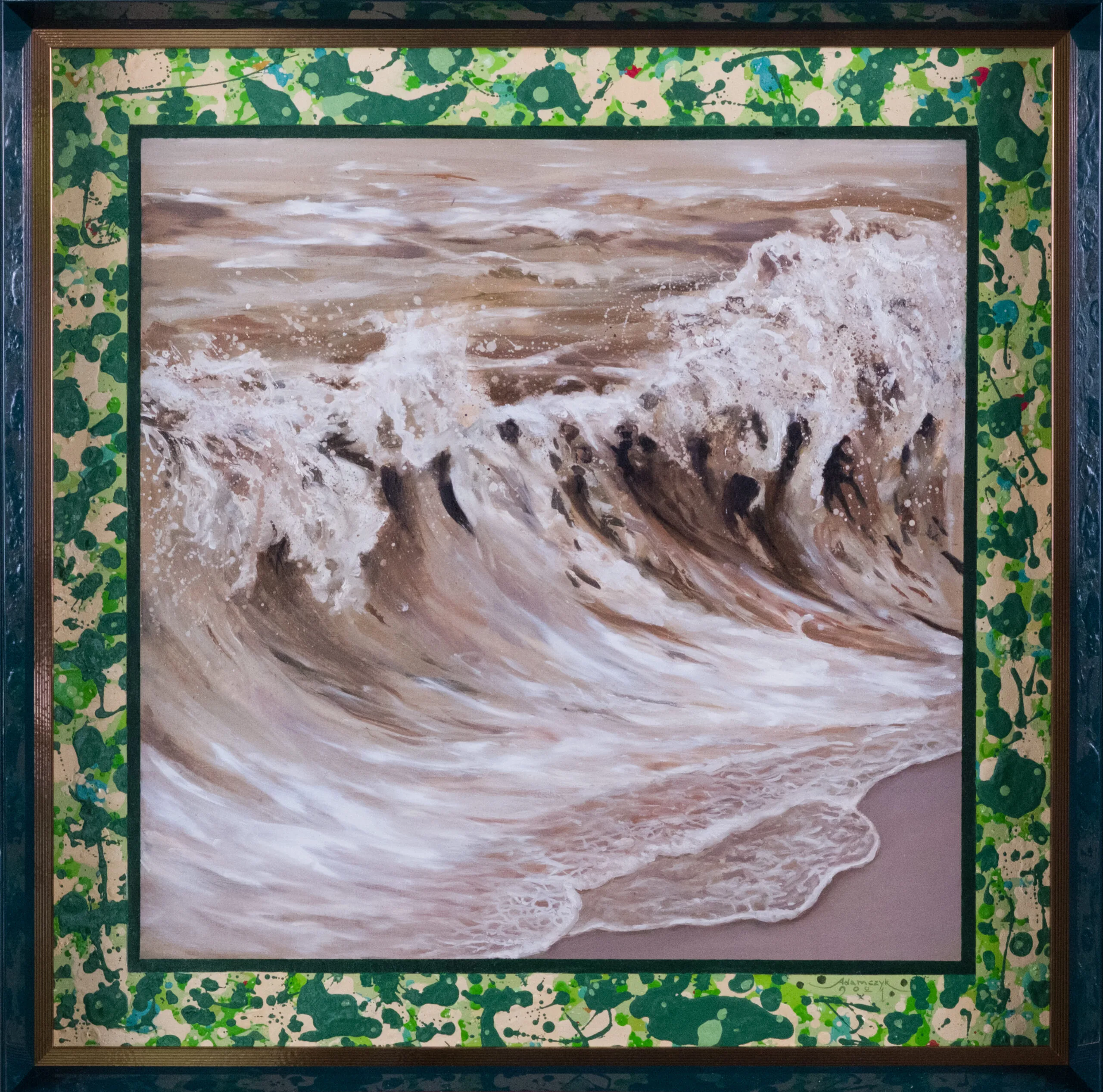 Acrylic painting with foaming ocean waves in white