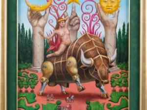 Oil painting with a nude female figure seated on a large horned bull in a formal garden