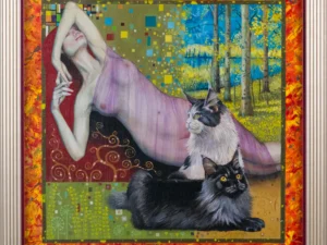 Oil painting with a reclining nude woman and two long-haired cats in a decorative composition of orange