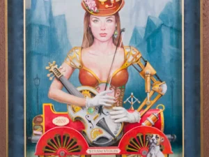 Oil painting with a front-facing woman holding a violin and bow while seated in a red steam carriage