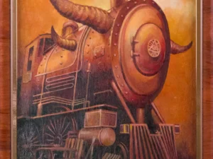 Oil painting with a frontal steam locomotive featuring horn-like protrusions in brown