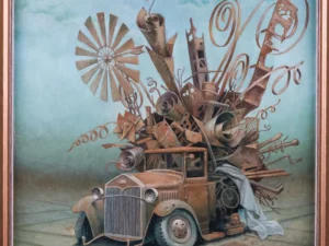 Oil painting with a frontal view of an old truck stacked with rusted scrap metal