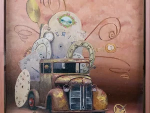 Oil painting with a vintage truck in front of large clock faces