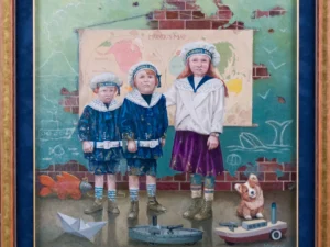Oil painting with three children in sailor-style outfits standing before a world map and chalk-covered green wall