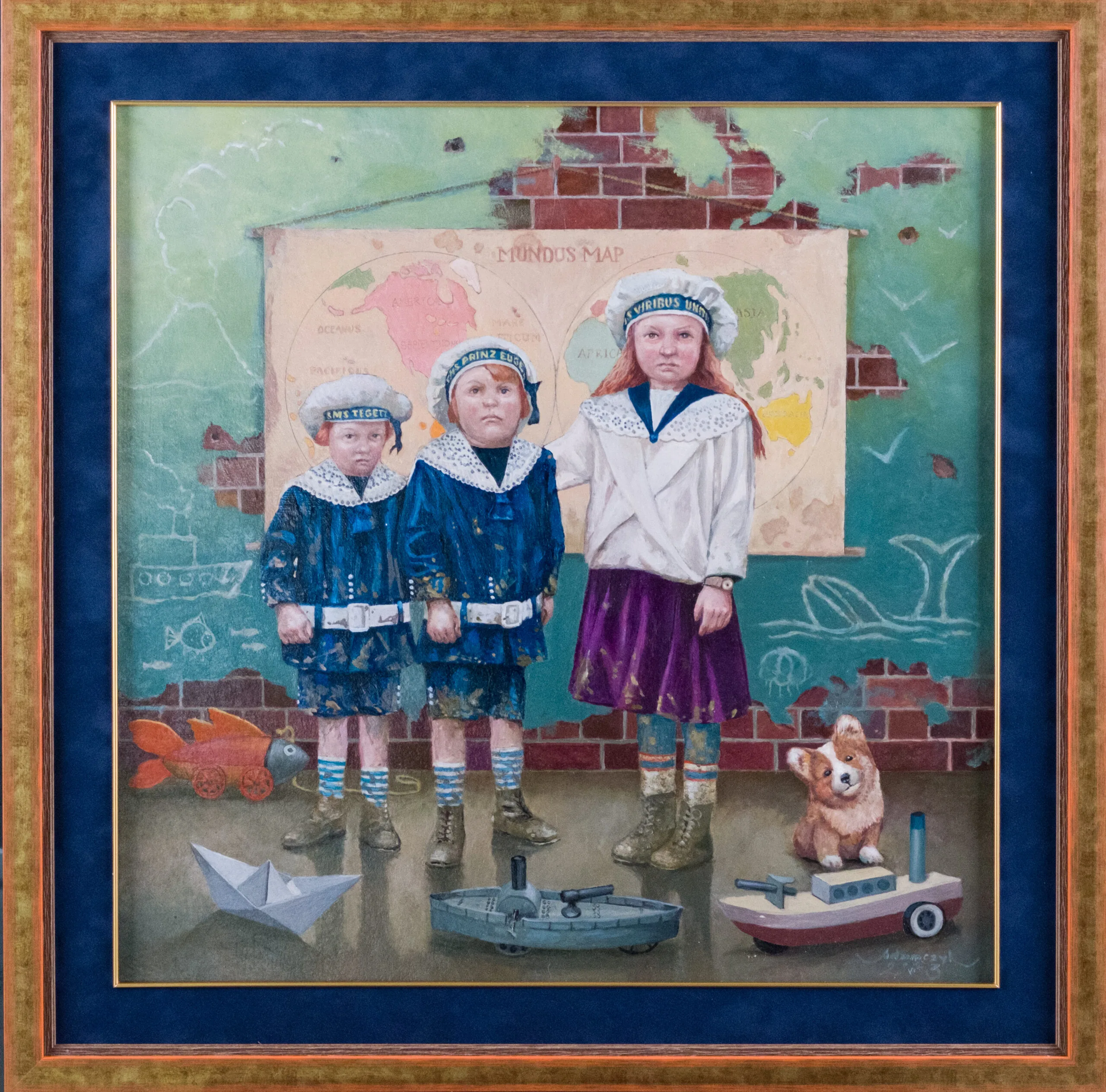 Oil painting with three children in sailor-style outfits standing before a world map and chalk-covered green wall