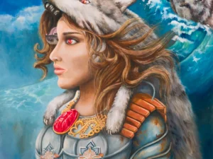 Painting with an armored woman wearing a wolf headdress