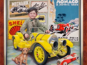 Oil painting with a young boy standing behind a yellow vintage car