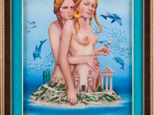Oil painting with two nude women seated on a rocky island