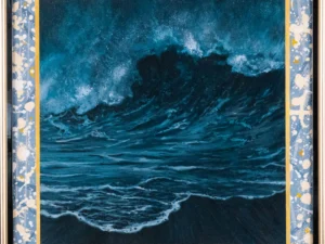 Acrylic painting with a stormy sea and breaking waves in dark blue