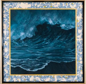 Acrylic painting with a stormy sea and breaking waves in dark blue