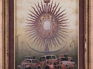 Oil painting with a large crowned radiant emblem above several abandoned cars in beige
