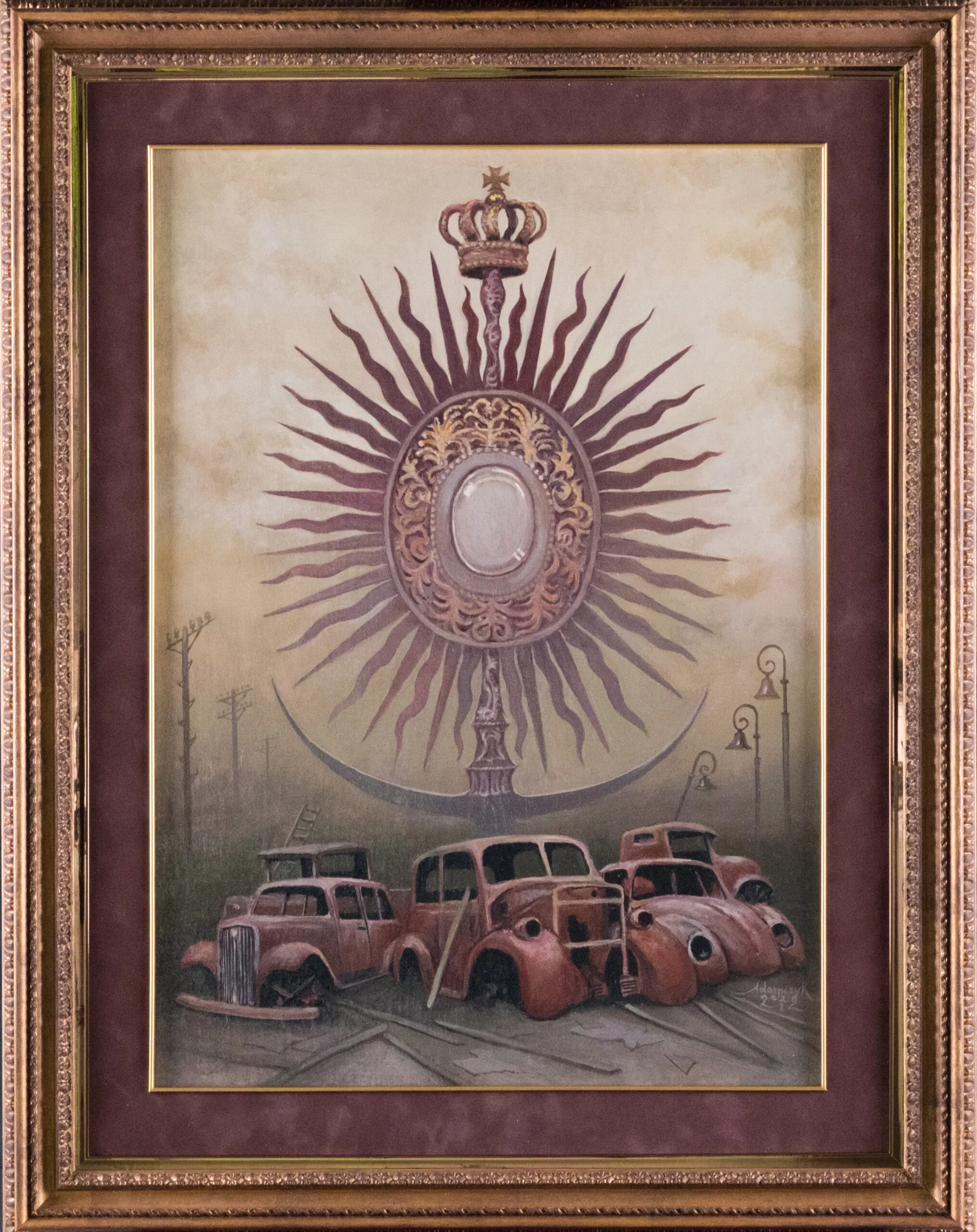 Oil painting with a large crowned radiant emblem above several abandoned cars in beige