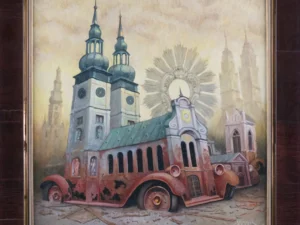 Oil painting with a rusted red truck combined with church towers and façades in gray