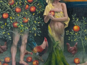 one merged with an apple tree and the other draped in pale cloth
