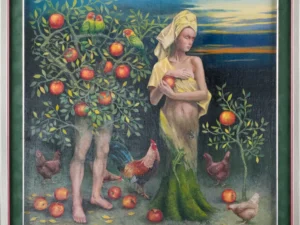 Oil painting with two human figures in an orchard-like scene