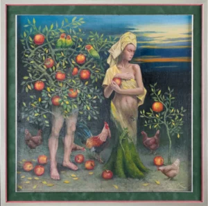 Oil painting with two human figures in an orchard-like scene