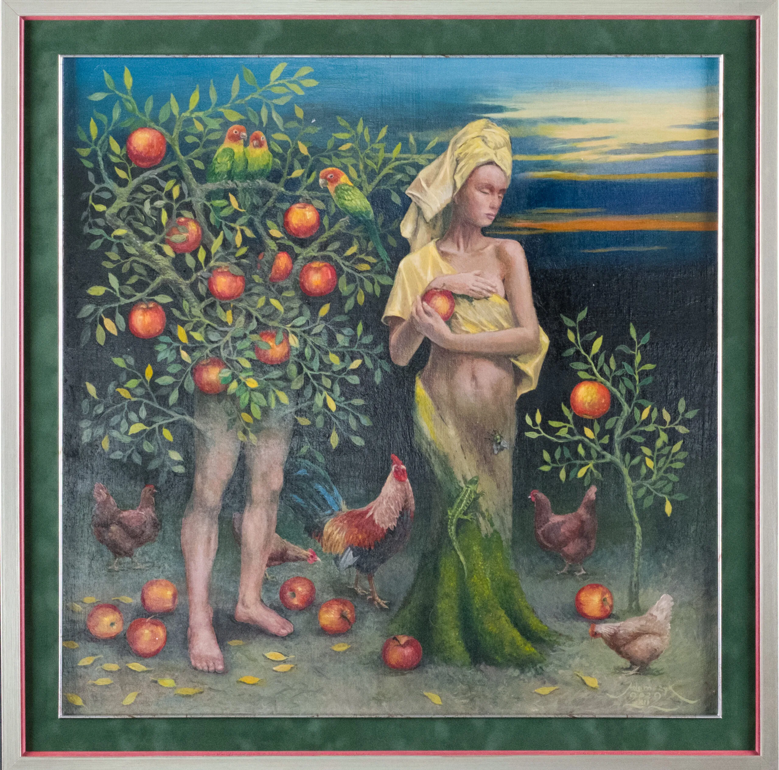 Oil painting with two human figures in an orchard-like scene
