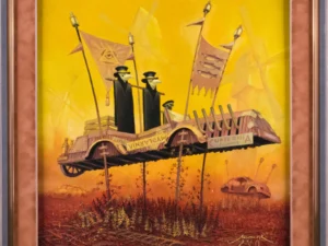 Oil painting with a raised wooden cart on poles
