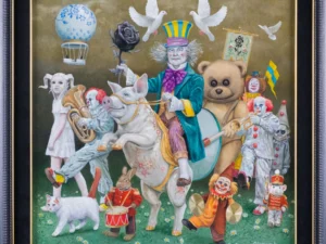Painting with a ringmaster on a white horse holding a black rose
