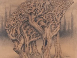 Drawing with large branching tree-like forms and small figures in warm brown and gray tones.