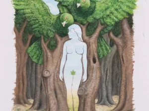Watercolor image with a pale standing figure among trees and green birdlike forms in green