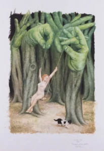 Watercolor-like image with nude figure on a swing