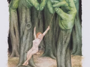 Watercolor-like image with nude figure on a swing