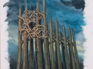 Painting with bare tree trunks and tangled branches under a dark blue sky in blue