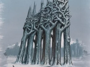 Painting with a tall entwined tree-like structure in blue-gray