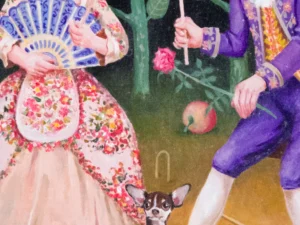 one holding a fan and the other holding two pale masks