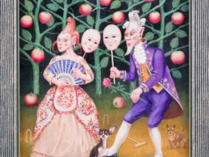 Oil painting with two costumed figures standing among green branches with red fruit