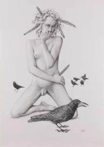 Pencil drawing with a kneeling nude figure
