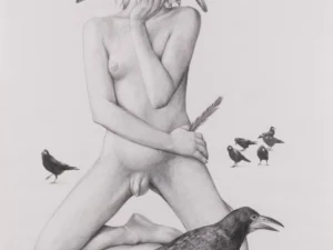 Pencil drawing with a kneeling nude figure