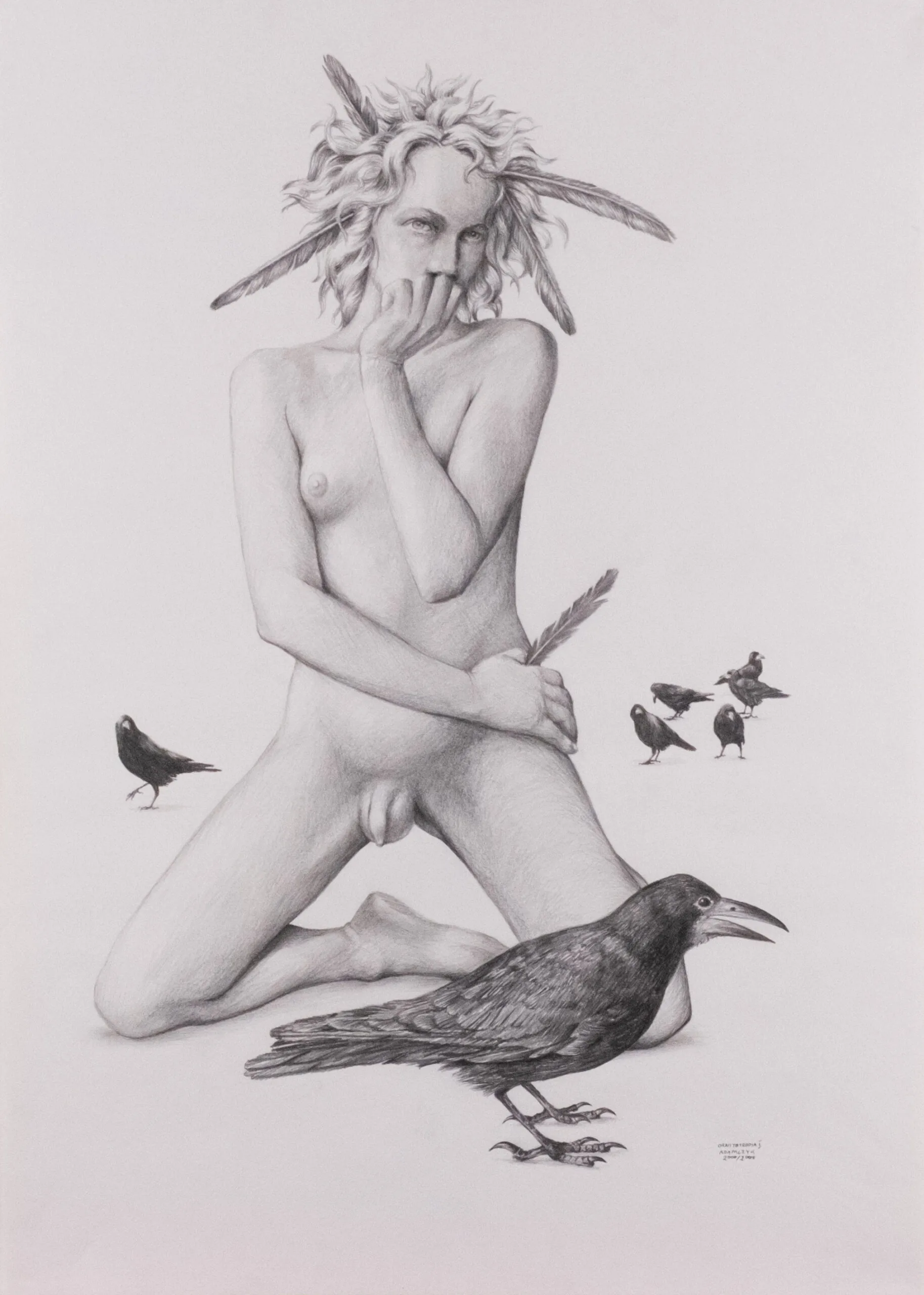 Pencil drawing with a kneeling nude figure