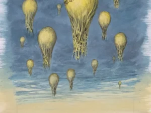 Painting with suspended yellow bulb-like forms in blue
