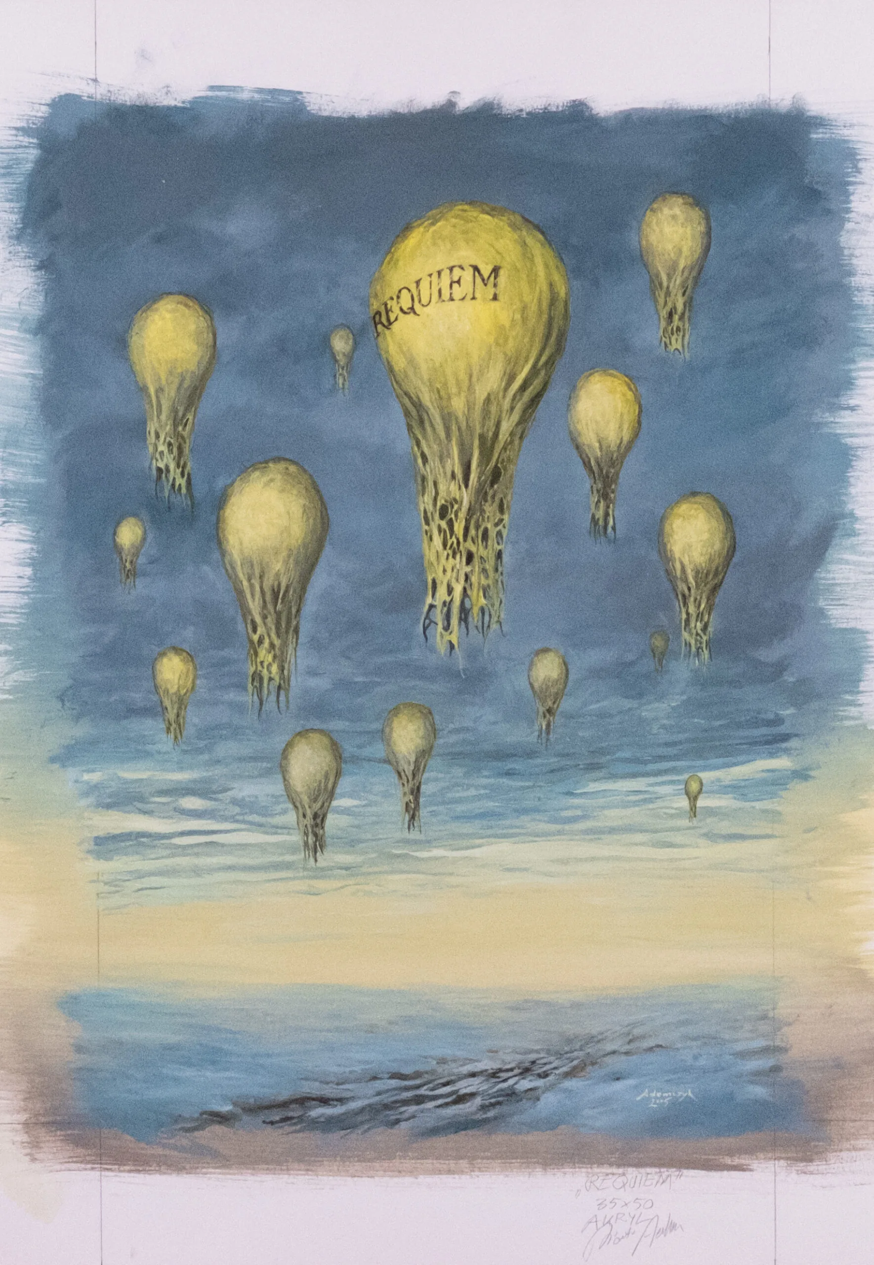 Painting with suspended yellow bulb-like forms in blue