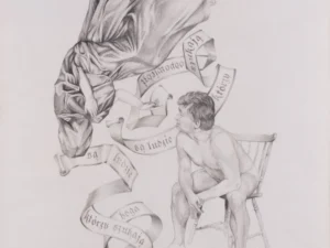 Graphite drawing with two human figures and curling handwritten ribbons in soft gray tones.