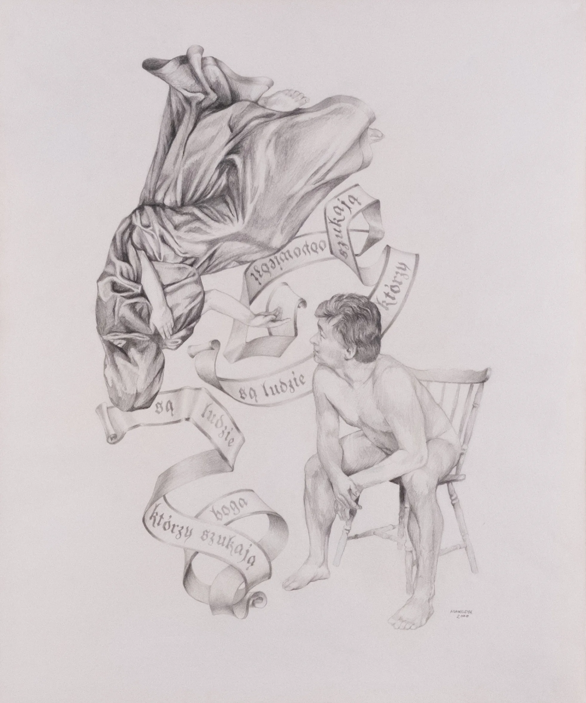Graphite drawing with two human figures and curling handwritten ribbons in soft gray tones.