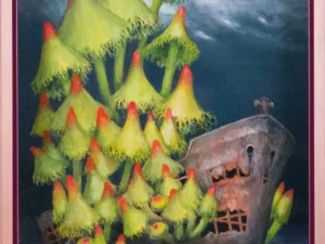 Pastel-like image with yellow-green clustered forms