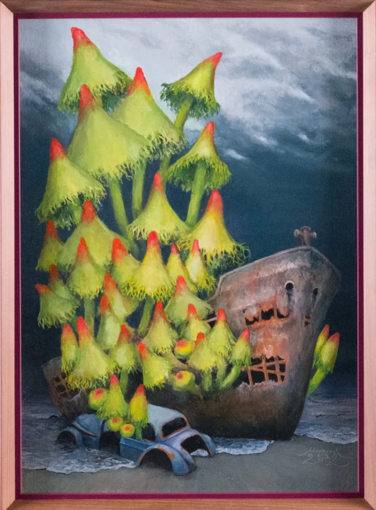 Pastel-like image with yellow-green clustered forms