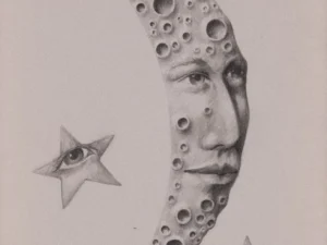 Graphite drawing with a crescent moon face and three eyed stars in gray