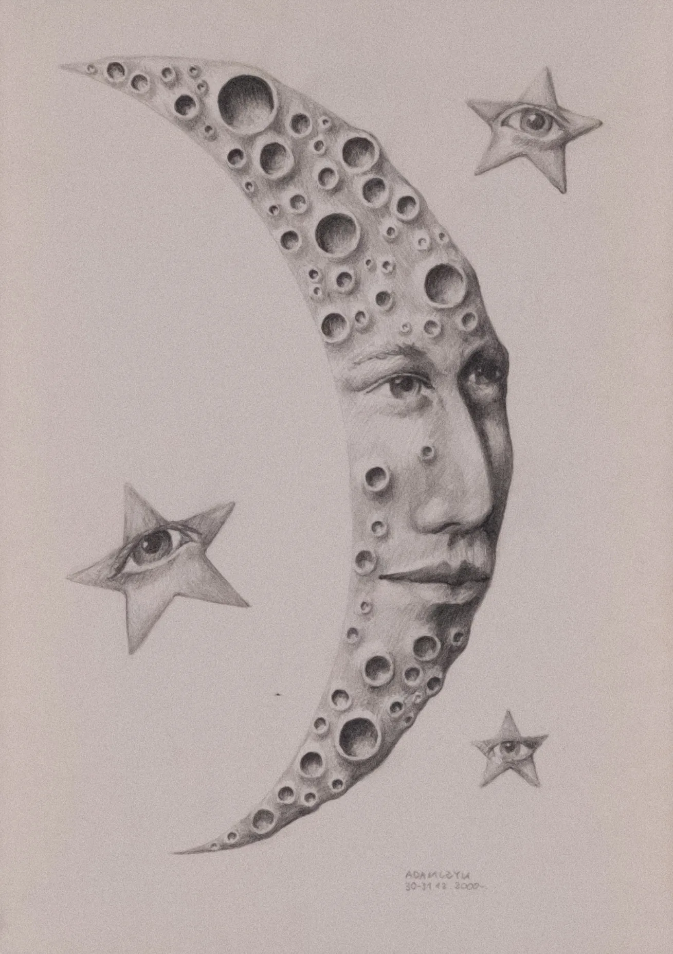 Graphite drawing with a crescent moon face and three eyed stars in gray